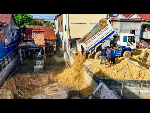 Start Opening New Project!! KOMAT'SU Bulldozer D20P pushing Soil into floodedโ Pond& 5Ton Trucks.