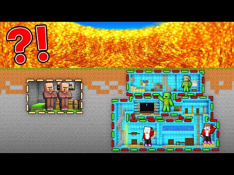Villagers TINY & JJ and Mikey GIANT Family Bunker vs LAVA TSUNAMI in Minecraft (Maizen)