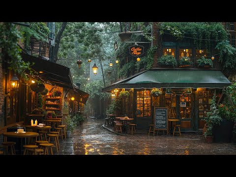 Relaxing Jazz on a Rainy Day Street ☕ Cozy Outdoor Coffee Shop Ambience with Soft Lights & Calm Mood