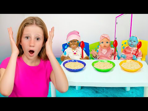 Nastya helps take care of her younger sister and all her toy babies