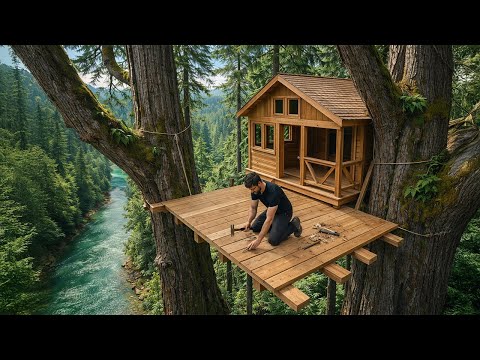 I Built a WARM Bushcraft Cabin on a Giant Tree in 7 Days