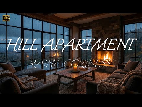 Hill apartment in the forest with cozy rain and crackling fire 🌧️ 4K ULTRA 60fps