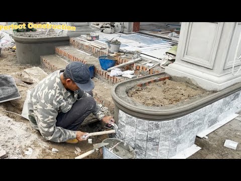 Constructing Natural Stone Cladding For Wall Base And Installing Luxurious Granite For Steps