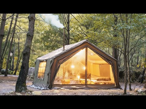 Camping in the Rain with My Dog - Inflatable Hot Tent & Wood Stove