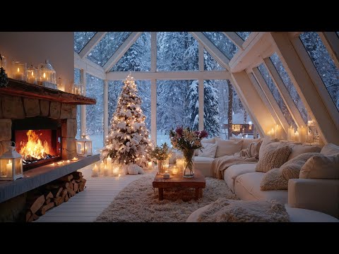 π¨οΈπ² 4 Hours of White Lounge Piano | Winter Fire & Falling Snow π₯ | Piano Music for Stress Relief