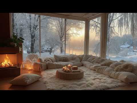Quiet Winter Lake Cabin Night ❄️ Soft Piano, Fireplace & Falling Snow for Relaxation