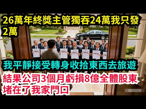 26萬年終獎主管獨吞24萬,我只發2萬,我平靜接受轉身收拾東西去旅遊,結果公司3個月虧損8億,全體股東堵在了我家門口【奇聞秘事】#奇聞#案件#真相#揭秘#秘事#故事#案件解讀