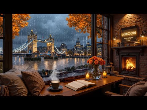 Warm Rainy Autumn Night in London 🍂 Soft Jazz Piano & Cozy Fireplace Ambience for Study & Relax