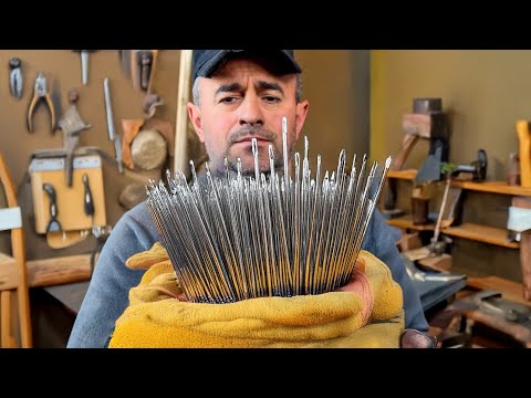 I forged a Uzbek style Damascus knife out of 34 needles.