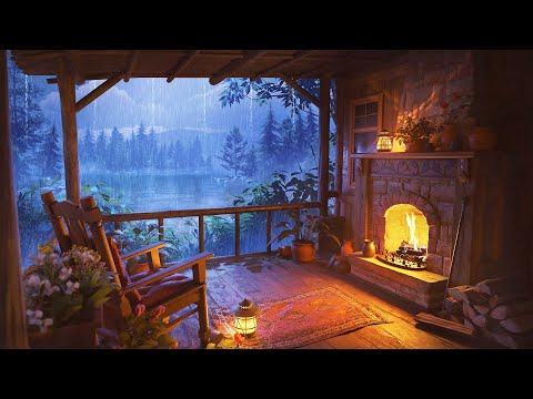 Relaxing Rain Sounds on Cabin Porch with Fireplace Sounds to Sleep, Relax, Rest, Study