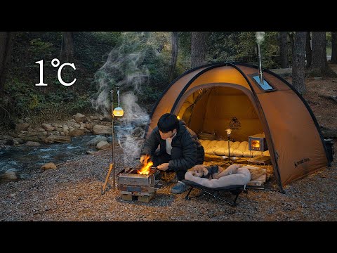 Hot Tent Camping in Forest with My Dog . Roast Fish in the Wild . Wood Stove ASMR