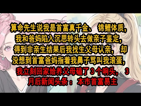 算命先生說我是首富真千金、錦鯉體質,我和爸媽陷入沉思轉頭去做親子鑒定,得到非親生結果後我找生父母認親,卻沒想到首富爸媽指著我鼻子罵叫我滾蛋,我立刻回家給養父母磕了3個響頭,3月後新聞頭條:本市首富易主