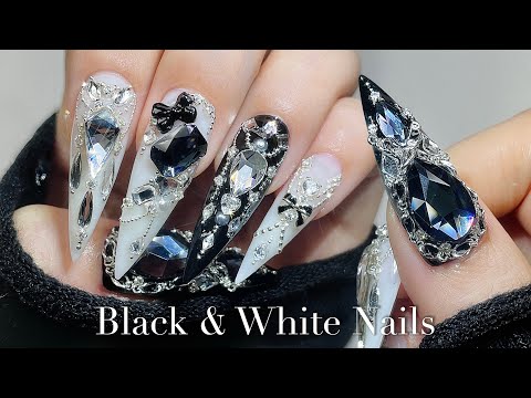 Black-and-White Nails🖤 Detailed Gel Extension Tutorial 💁🏻♀️ Stone Art / Nail ASMR / Nail Art