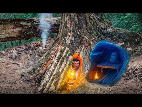 Secret Dugout Shelter Under Tree Roots. Bushcraft Survival in the Rain