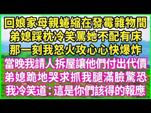 回娘家母親蜷縮在發霉雜物間,弟媳踩枕冷笑罵她不配有床,那一刻我怒火攻心心快爆炸,當晚我請人拆屋讓他們付出代價,弟媳跪地哭求抓我腿滿臉驚恐,我冷笑道:這是你們該得的報應!#情感故事 #花開富貴