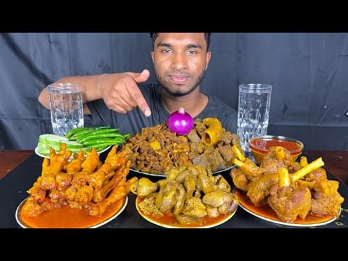 spicy mutton curry, chicken liver curry, chicken feet curry, mutton boti and mutton lungs with rice