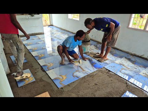 Techniques of Large Flooring Tile Installation Accurate with Cement|Living Hall Floor Tile Fitting