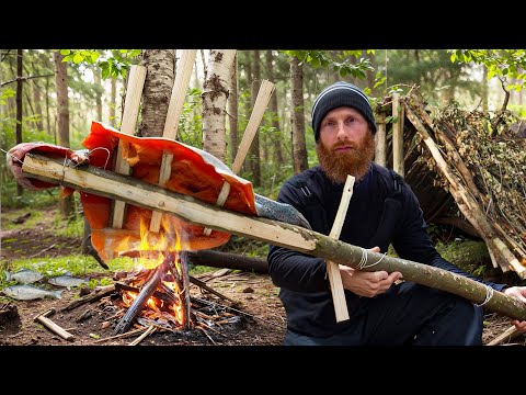 Primitive Survival Camping Challenge! - Handline Fish, Stone Knife, Axe, Bow Drill Fire