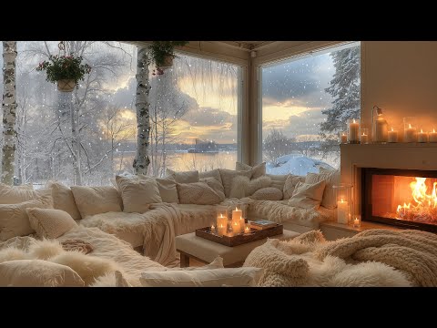 Warm Winter Cabin Ambience by The Lake❄️ Gentle Piano, Fireplace & Snowfall for Relaxing