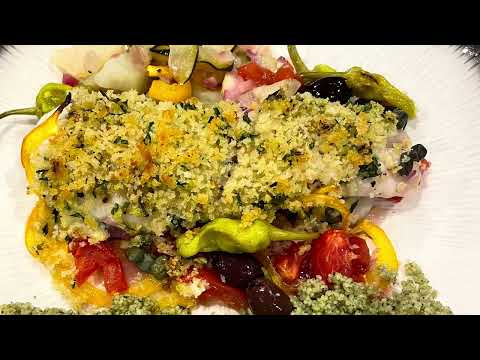Mediterranean Halibut Bake with Crispy Panko Topping...Only one pan