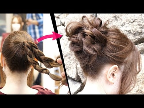 簡単!丸三つ編み2本だけ!時短で可愛くまとまるルーズなお団子ヘアレンジ!How to: Easy MESSY BUN | New Bun Hairstyle | Updo Hairstyle