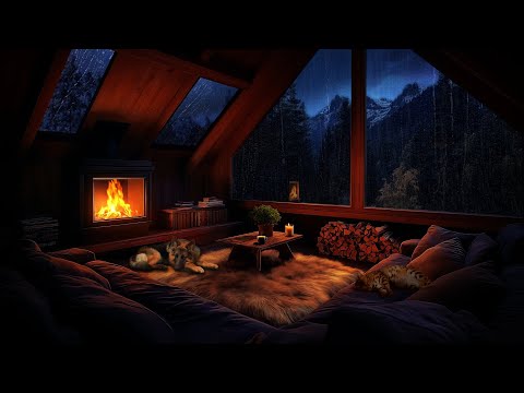 Rainy Night & Crackling Fireplace | Cozy Attic Living Room, Sleeping Pets & Warm Coffee