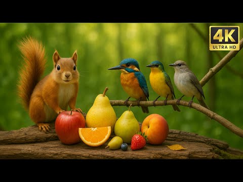 Cat TV in 4K Ultra HD – Squirrels Snack on Fruits with Colorful Birds