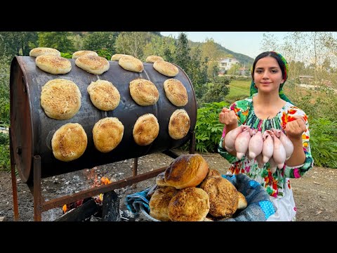 Bread baked on a barrel and rustic cooking
