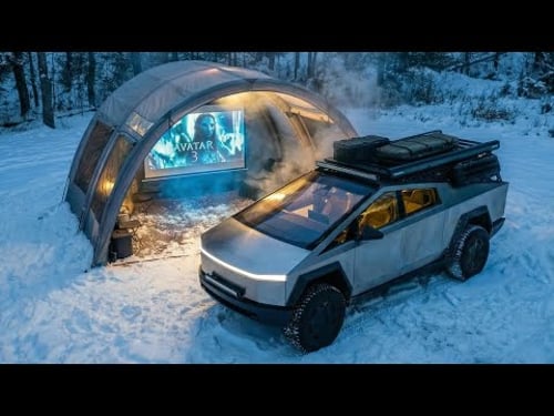Winter Camping With a Tesla Cybertruck | Movie Night in the Snow