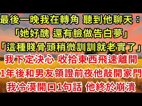 最後一晚我在轉角 聽到他和好兄弟聊天:「她好醜 還有臉做告白夢」「她這種賤骨頭稍微訓訓就老實了」我下定決心 收拾東西飛速離開,1年後和男友領證前夜 他又敲開我家門,我冷漠開口1句話他終於崩潰