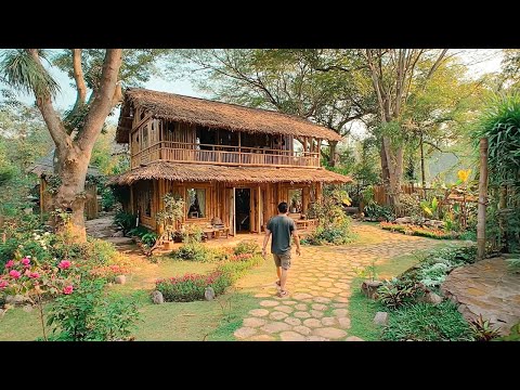 Genius Man Spends 120 Days Building a Bamboo House with a Cool Fish Pond in the Forest