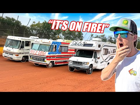 CHEAP RV BATTLE Day 2 - Dirt Track Race, Major Fire, Fire Extinguisher Mishap