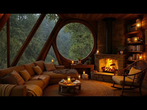 Relaxing Rainy Day in Cozy Cabin Ambience | Smooth Jazz Music, Rain & Fireplace Sounds for Unwind