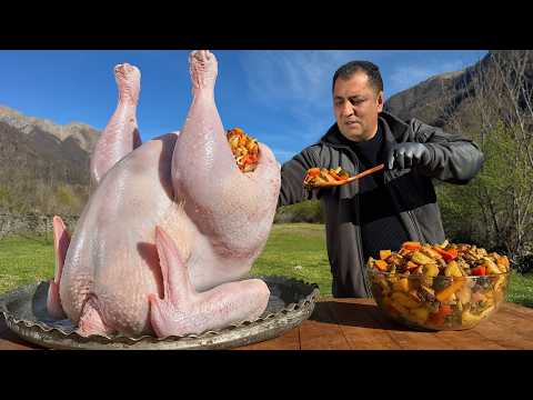 Giant Stuffed Thanksgiving Turkey Roasted in the Mountains