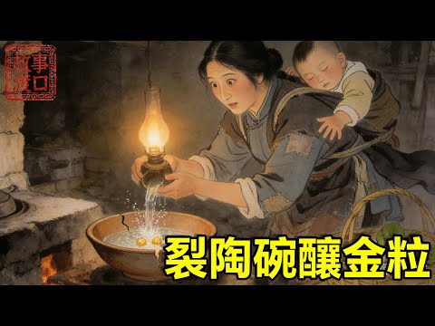 寡母背子挖草根果腹,被乡绅嘲命硬妨亲,谁料她捧的裂陶碗,竟能盛水变酒酿出金粒!【故事渡口】#民間故事 #故事分享 #善有善報