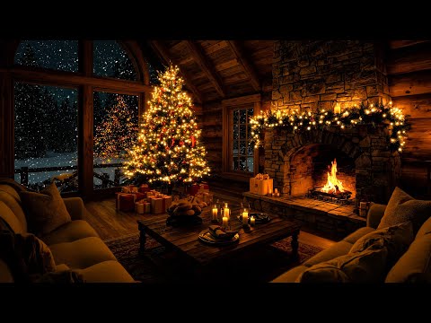 Warm Fireplace Ambience 2025 | Snow Christmas Night with Soft Piano & Cozy Cabin Vibes