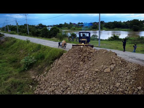 Amazing Landfill Work Komatsu D31P Dozer Pushing Stone into Deep Lowland with 5 Ton Dump Truck