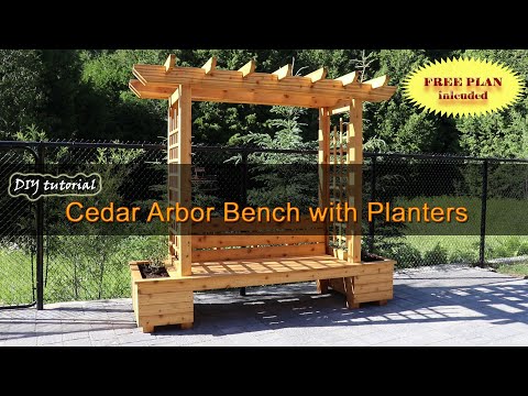 Stunning Cedar Arbor Bench with Planters, DIY - step-by-step tutorial. Free plan included.