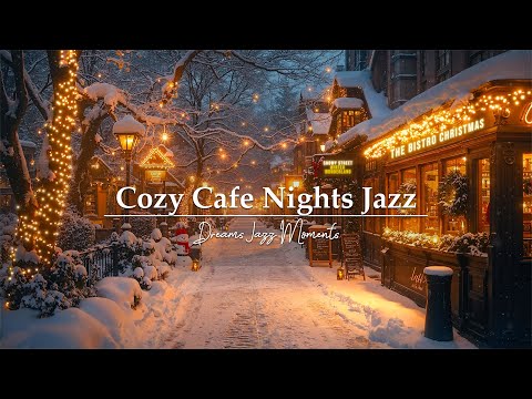 Cozy Jazz Night on a Snowy Festive Street 🎄 Warm Coffee Shop Glow for Relaxing Winter Christmas Mood