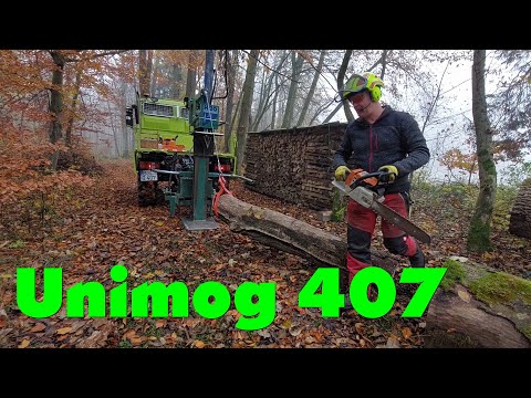 Unimog 407 Holzspalten mit Binderberger Spalter und Eigenbau Seilwinde