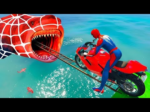 سبايدر مان اصعب دراجة نارية فوق اسماك القرش - Superheroes Ride on Motorcycle Stunt Funny Moments