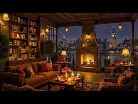 Winter Night London Cafe Ambience ☕ Smooth Jazz Instrumental Music & Fireplace Sounds for Study,Work