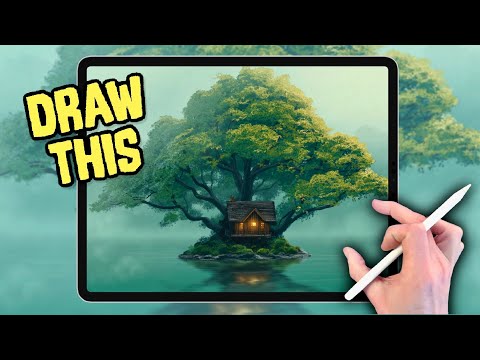 PROCREATE Landscape DRAWING Tutorial in EASY Steps - Tree Island Cabin