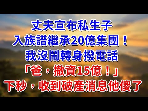 丈夫宣布私生子,入族譜繼承20億集團!我沒鬧轉身撥電話「爸,撤資15億」下秒,收到破產消息他傻了#阿木講故事#為人處世#生活經驗#情感故事#養老#睡前故事