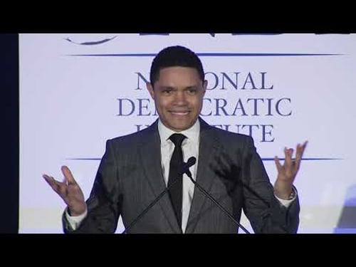 Trevor Noah accepts the Leadership in Democracy award at the NDI 2019 Democracy Gala