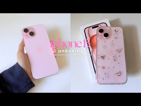 iphone 15 pink unboxing aesthetic in 2025 🌸🎀💕 + setup, camera test and accessories