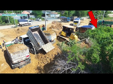 DR51PX KOMATSU Bulldozer, Clearing the forest, Filling up land huge, Dump Truck Unloading