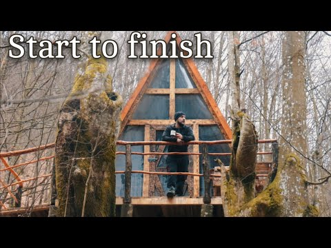 Construction of an A-shaped house in the forest. Big movie