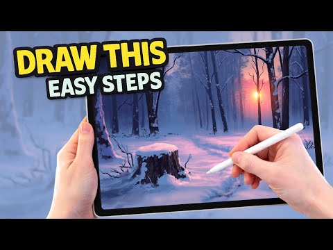 PROCREATE EASY Steps Drawing Tutorial - Snow Tree Sunrise landscape