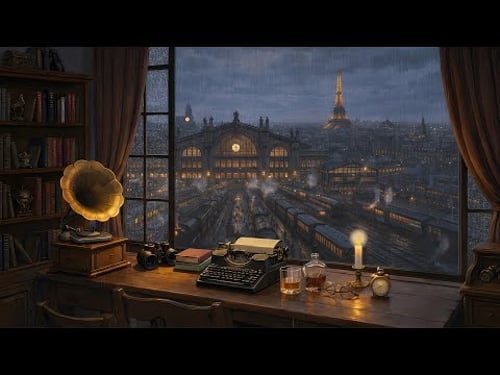 A rainy night at a 1950s Paris station with vintage jazz playing in another room